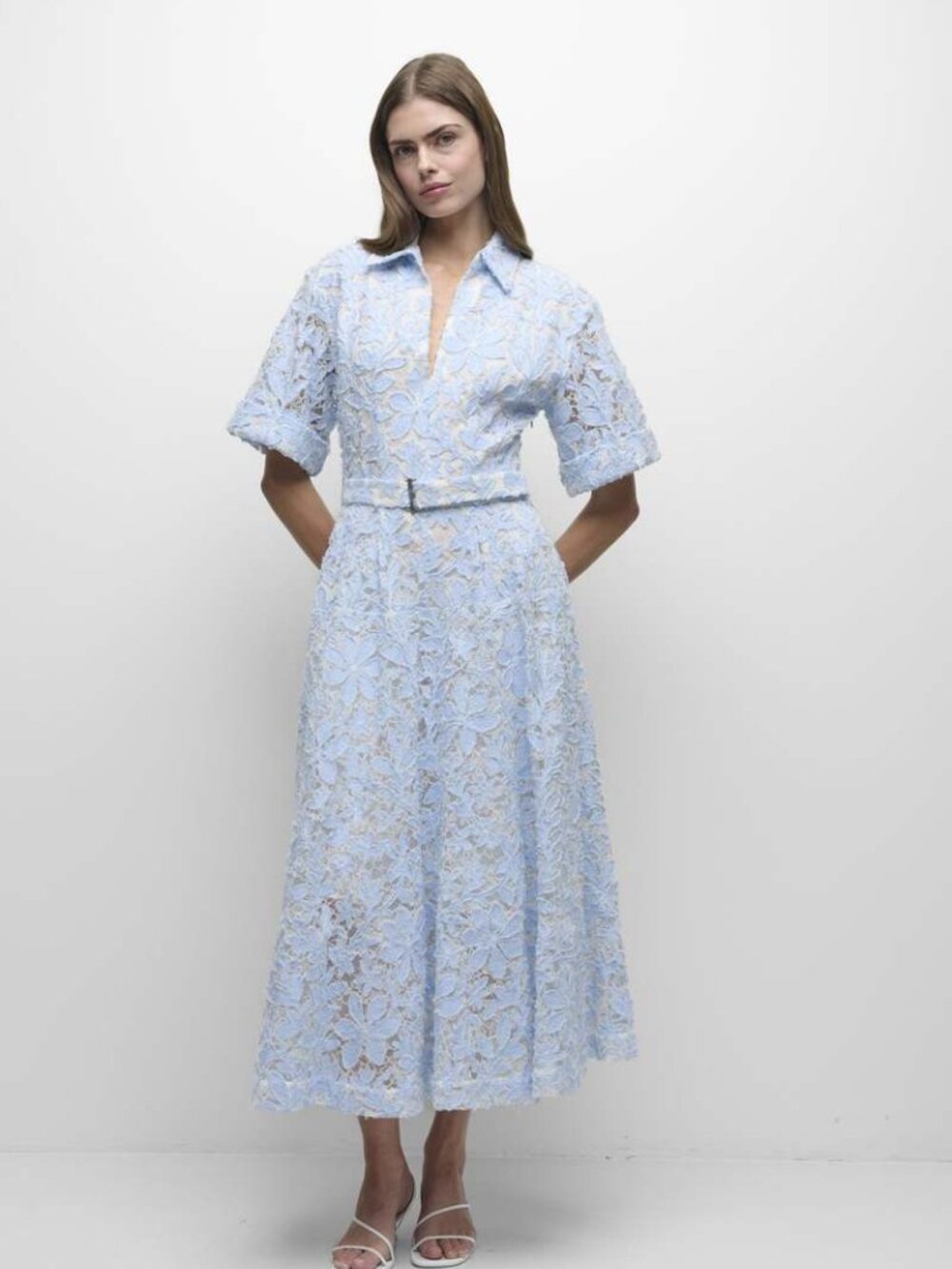 NEW WITH TAG SIMKHAI DEANNA BELTED DRESS LIGHT BLUE CELESTE LACE SIZE 6
